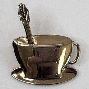 *4/$20* Tea cup brooch with spoon handle sticking out silver tone